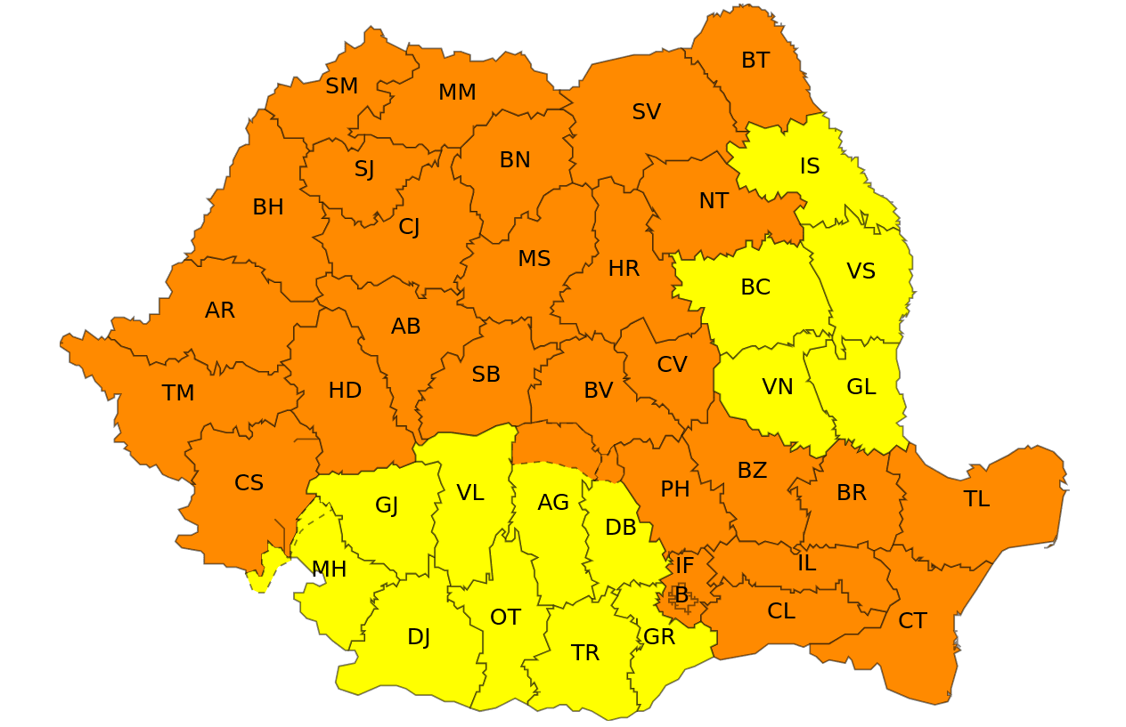 Caniculă joi în cea mai mare parte a Moldovei şi a Transilvaniei, averse torenţiale, vijelii puternice şi grindină, în Banat, Crişana, Maramureş, Transilvania, nord-vestul Moldovei, Dobrogea, nordul, centrul şi estul Munteniei până vineri la 3.00 - HARTA