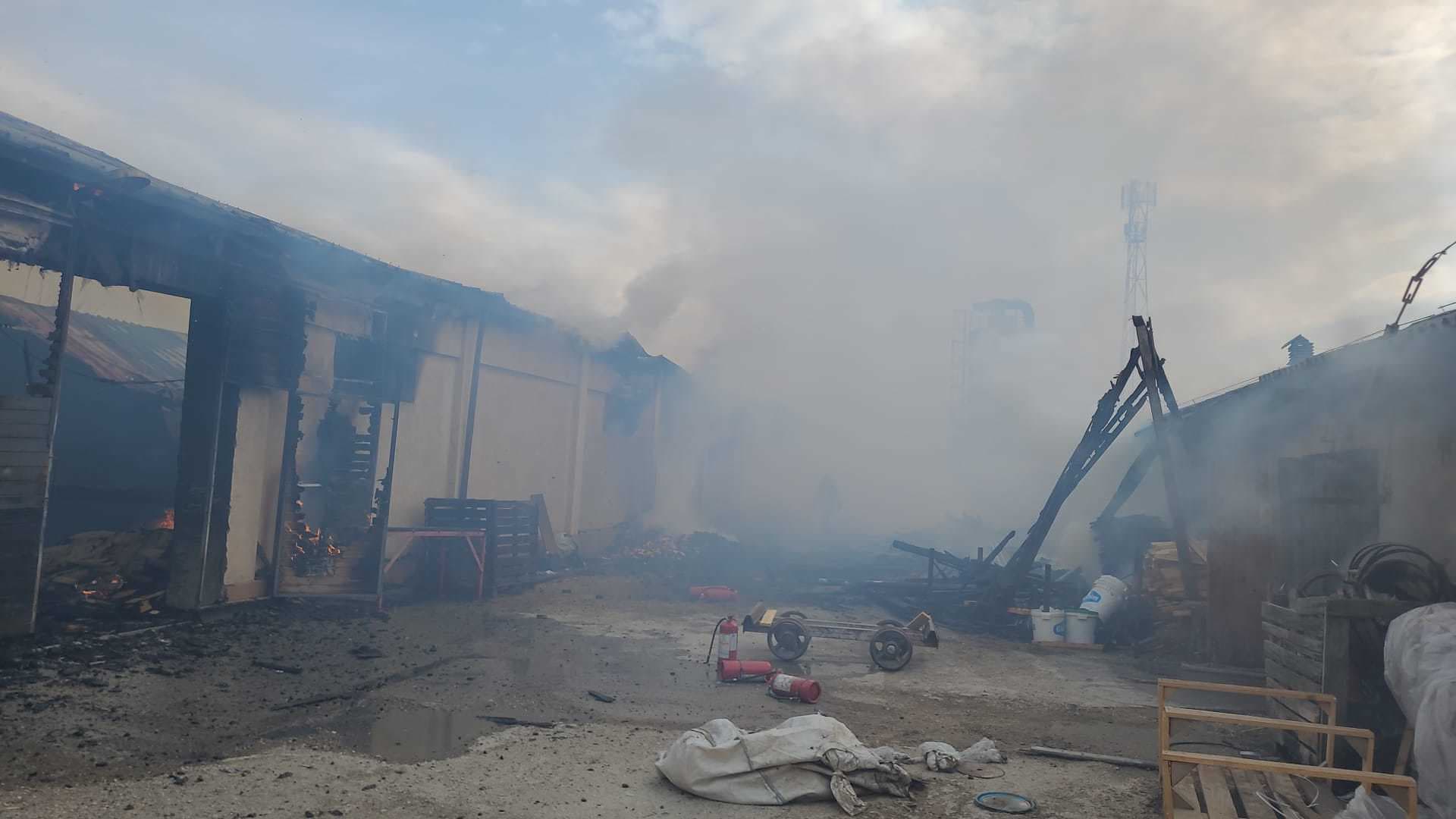 Bacău: Incendiu la o fabrică de cherestea din comuna Hemeiuş/ Afectate, trei hale de aproximativ 2.500 de metri pătraţi/ Mesaj RO-Alert către populaţie, din cauza degajărilor mari de fum - FOTO