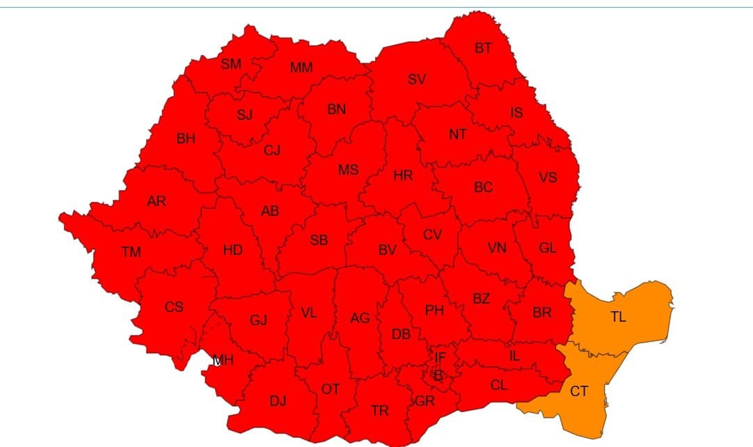 Cod roşu de căldură extremă în toate judeţele ţării, mai puţin Tulcea şi Constanţa, unde este cod portocaliu / Teperaturile vor depăşi 41 de grade Celsius / Până şi nopţile vor fi tropicale / Instabilitate atmosferică în cea mai mare parte a ţării