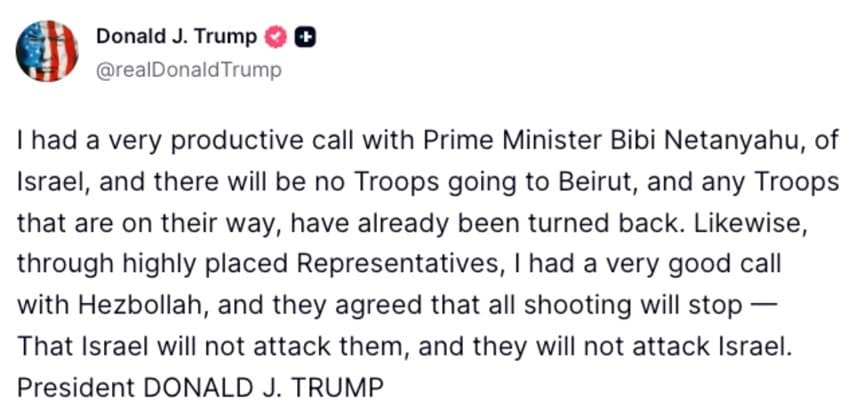 Trump anunţă că Israelul şi Hezbollahul i-au promis o liniştire şi că negocierile cu Iranul continuă