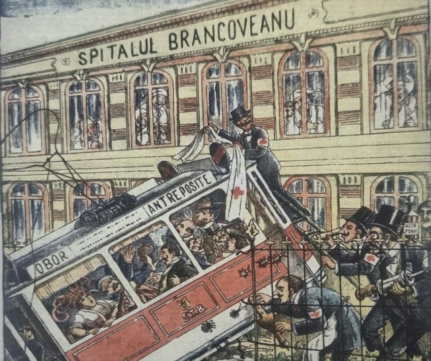 FOTO | „Un setebeu damblagiu intră în spital”. Când n-aveai telefon să filmezi un tramvai deraiat prin București, la gazeta Veselia se făceau caricaturi într-o veselie