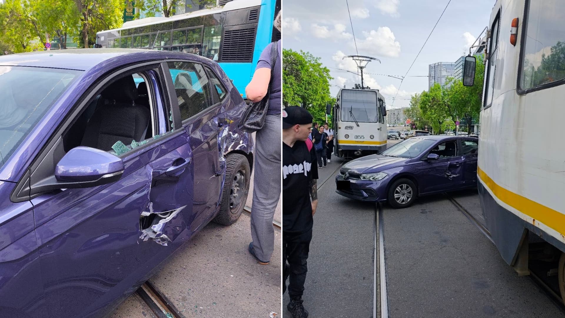 FOTO | Încă un accident STB vs auto pe traseul Tramvaiului Corporatiștilor, în Băneasa. O mașină a fost avariată pe linia 5