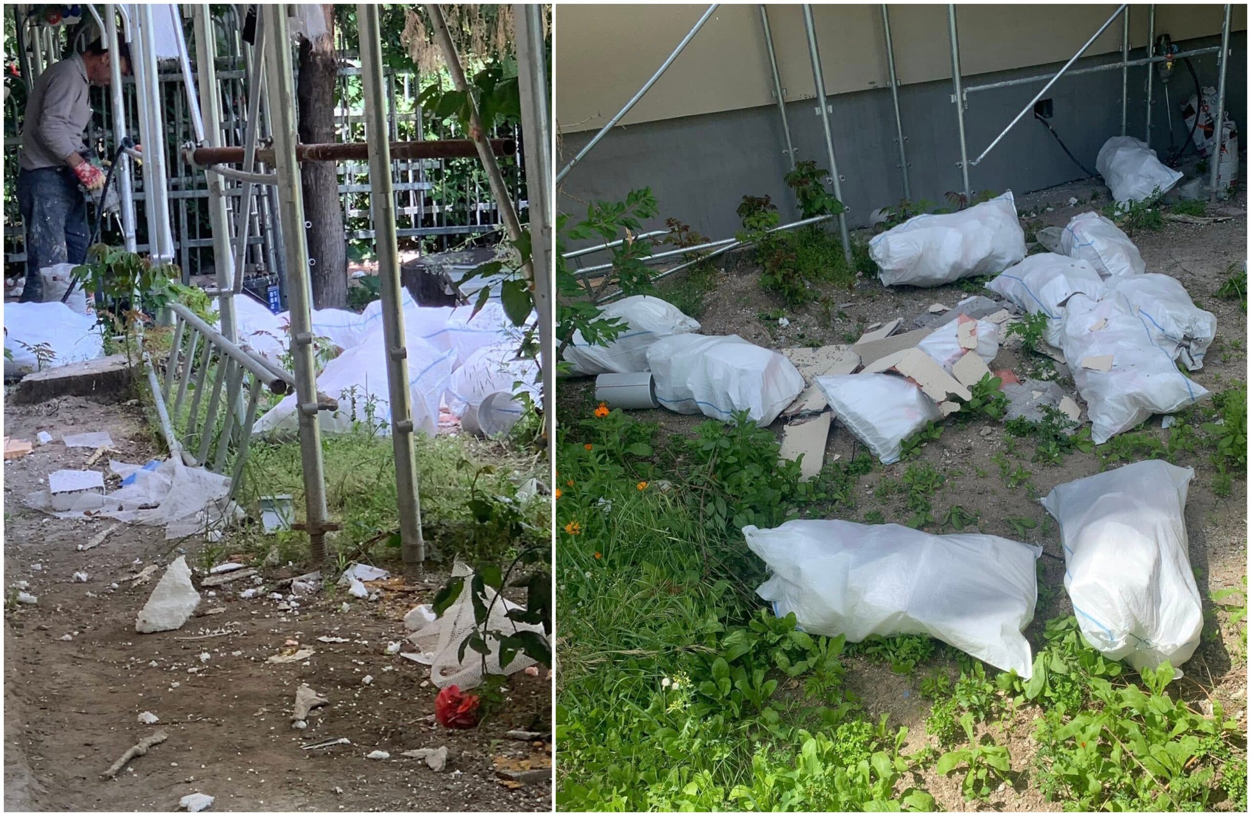 FOTO | Mizerie de nedescris pe șantierele de reabilitare a blocurilor din Sectorul 3. Bucăți de polistiren zboară libere ca păsările cerului și ajung în sol și în apă