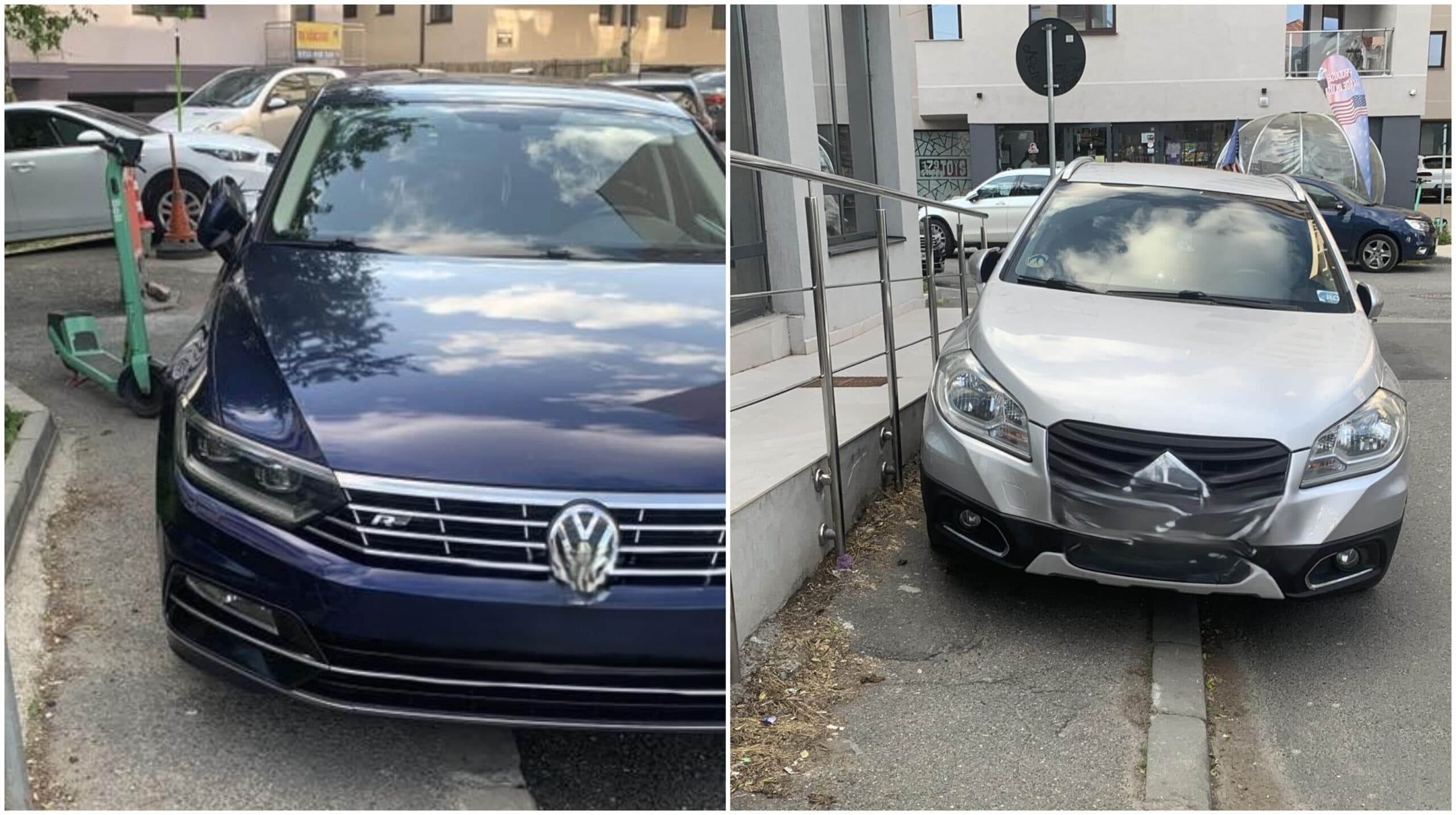 FOTO | Aglomerație mare pe un trotuar de 80 de centimetri din Sectorul 3. Două mașini se înghesuie care cum să mai parcheze, dar în cursă e și o trotinetă