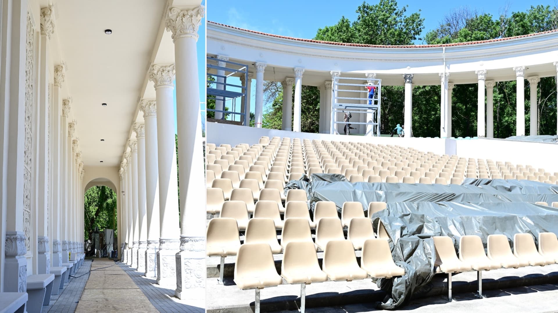 FOTO | Teatrul de Vară din Parcul Bazilescu prinde formă și viață. Au fost montate scaunele, se lucează la coloanele corintice. Noi imagini de pe șantier