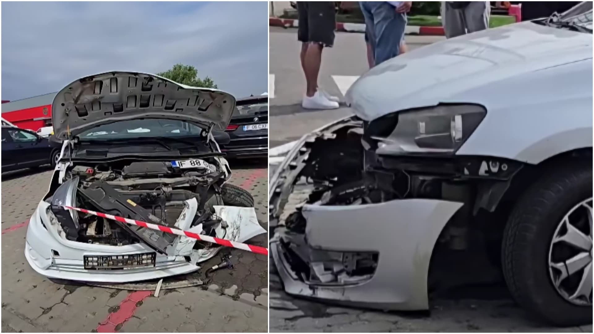 VIDEO | 12 mașini au fost distruse în urma unui accident produs în parcarea de la Dragonul Roșu, două persoane au ajuns la spital. O șoferiță ar fi pierdut controlul volanului
