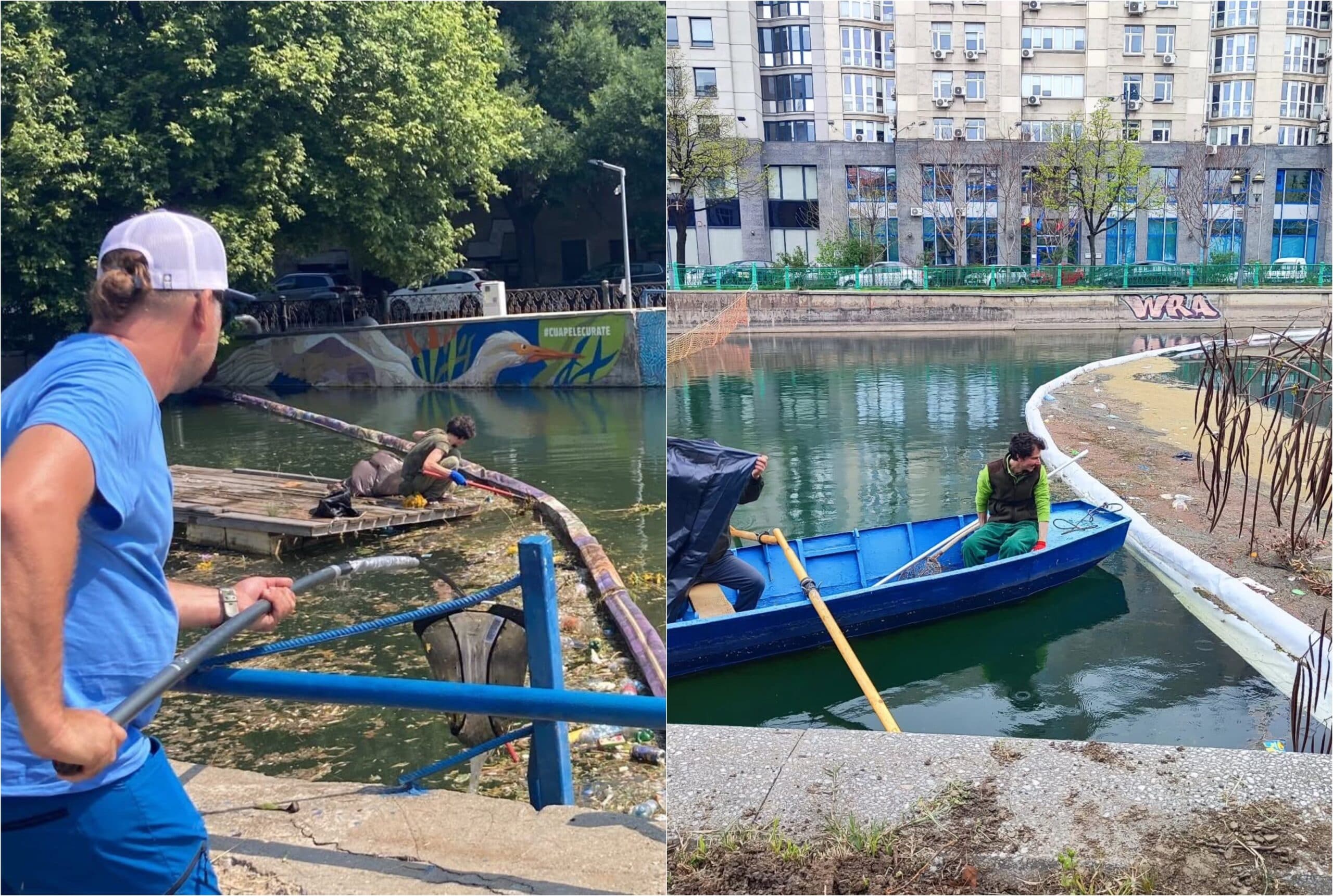 FOTO | Barieră plutitoare care oprește gunoaiele de pe Dâmbovița, refăcută din bidoane donate de bucureșteni. Nod Makerspace cere ajutor pentru extinderea proiectului