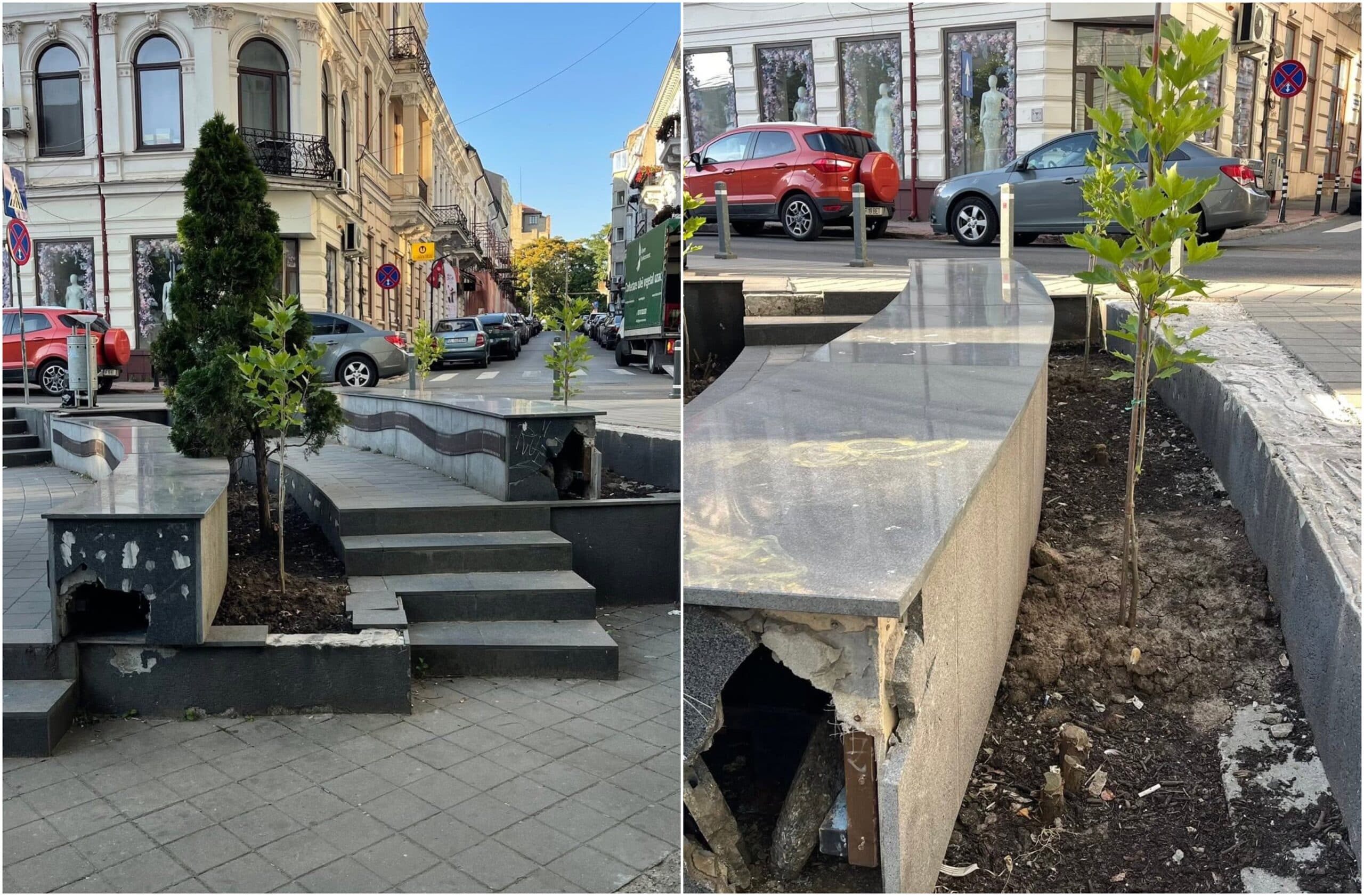 FOTO | În Piața Timpului, lângă Cocor, trimișii lui Negoița, „primarul verde”, au plantat floricele și copăcei, direct peste dale sparte, bănci rupte și gunoaie