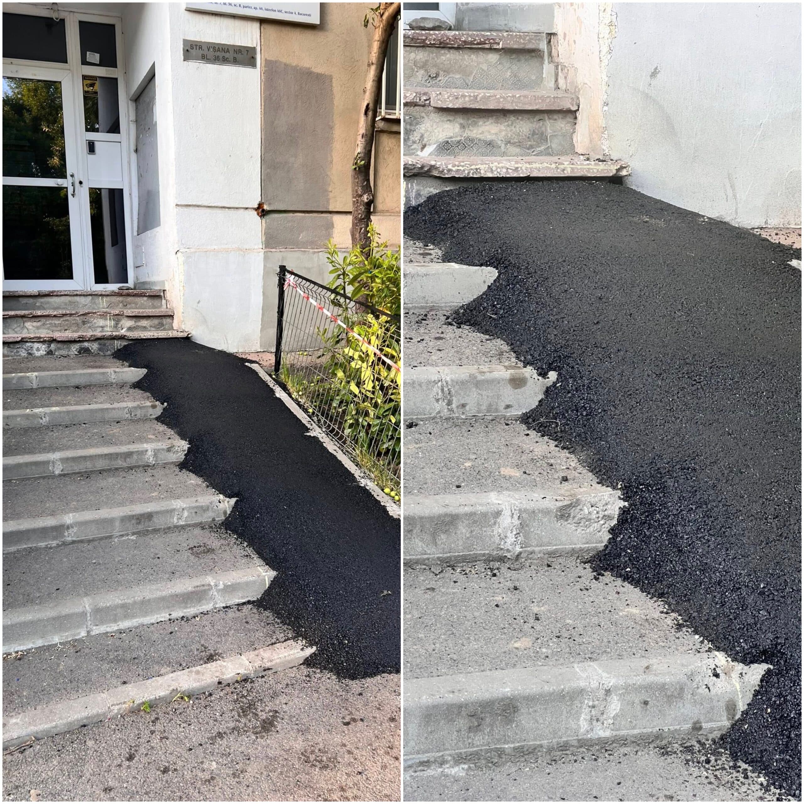 FOTO | În sectorul 4 a apărut ”rampa pe care se levitează”: o fâșie de asfalt negru turnată peste niște trepte la un bloc din Tineretului, botezată „rampă de acces”