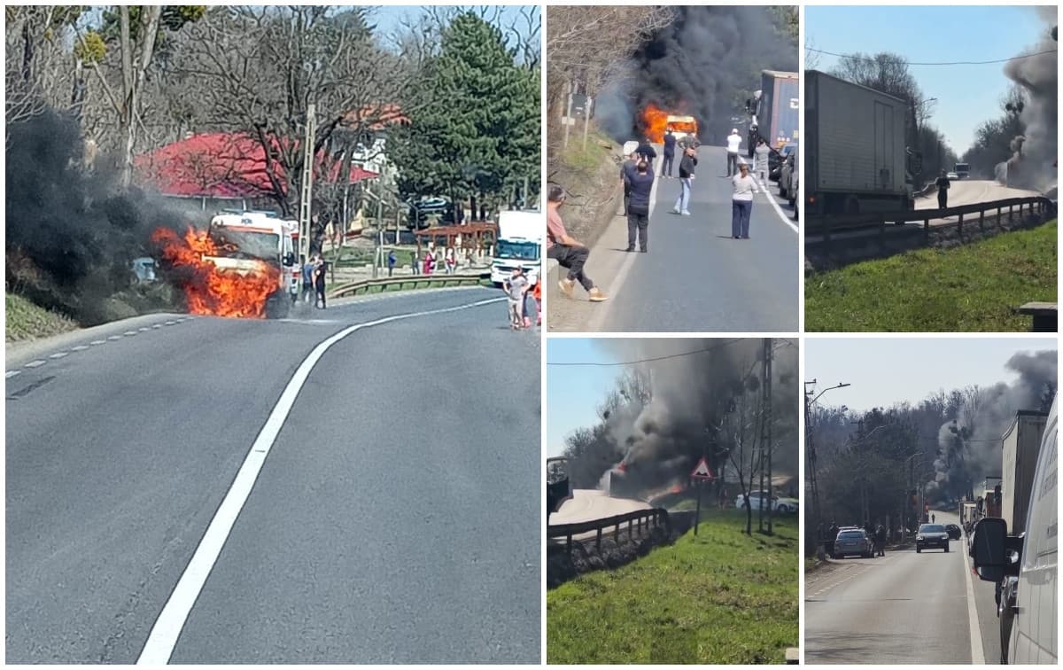O ambulanţă a luat foc pe un drum din Iaşi. Echipajul s-a autoevacuat şi a reuşit să scoată tuburile de oxigen