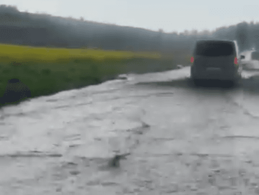 VIDEO | Drum inundat în județul Iași. Apa și mâlul s-au scurs de pe deal direct pe carosabil