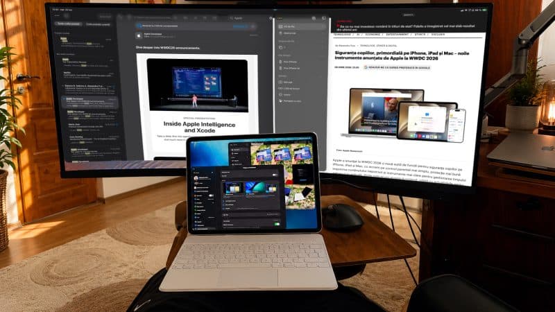 Cum să-ți înlocuiești calculatorul cu un iPad Air în 2026 folosind un monitor extern, mouse și tastatură Bluetooth. Tableta Apple strălucește la productivitate