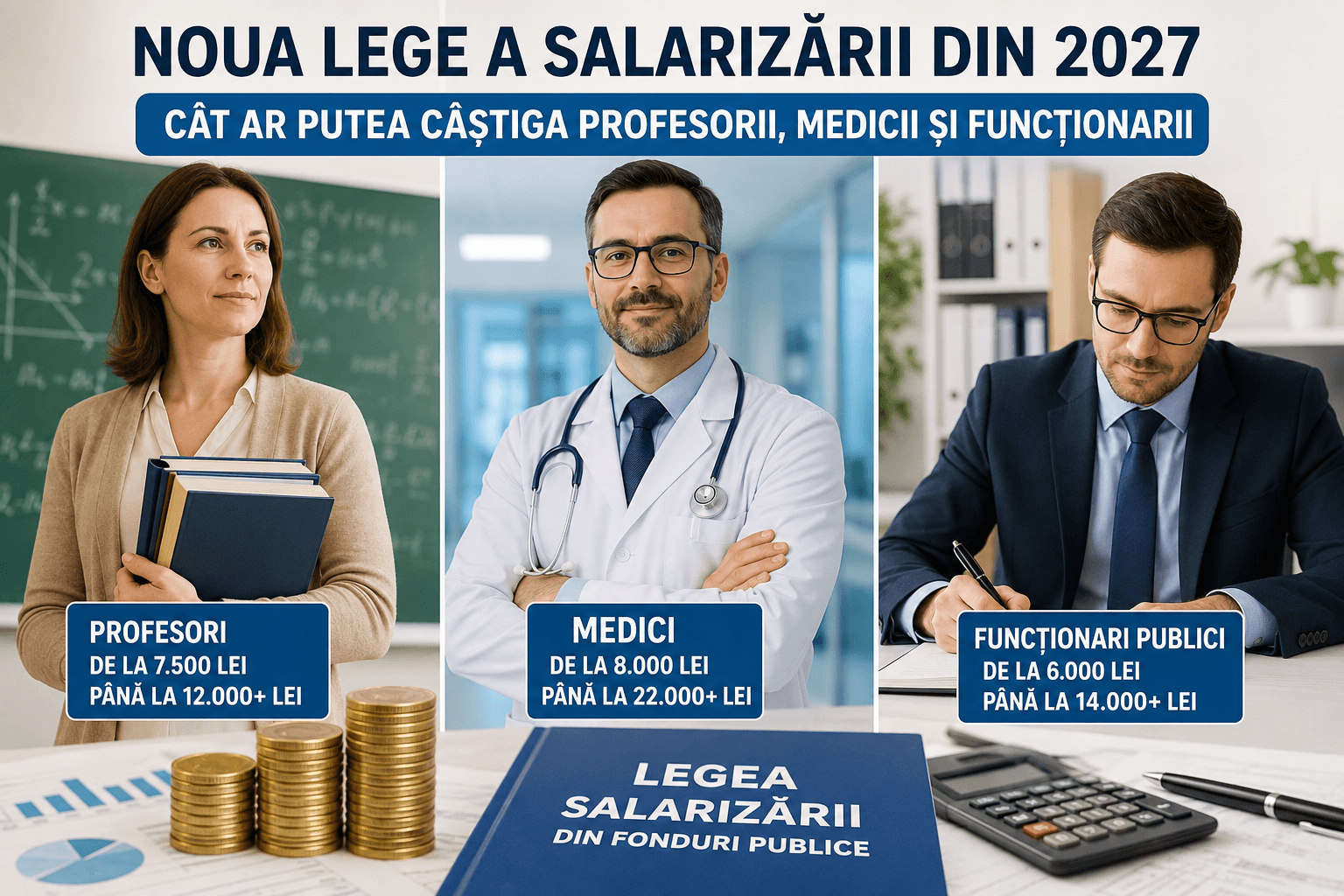 Noua lege a salarizării 2027. Cât ar putea câștiga profesorii, medicii și funcționarii publici
