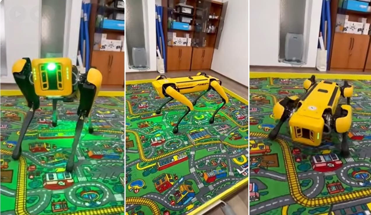 Spot, câinele robot de 100.000 de euro „dresat” cu AI să se plimbe singur prin Facultatea de Automatică și Calculatoare din Iași: Nu latră, nu mușcă și nu cere de mâncare, dar știe să sară peste praguri (VIDEO)
