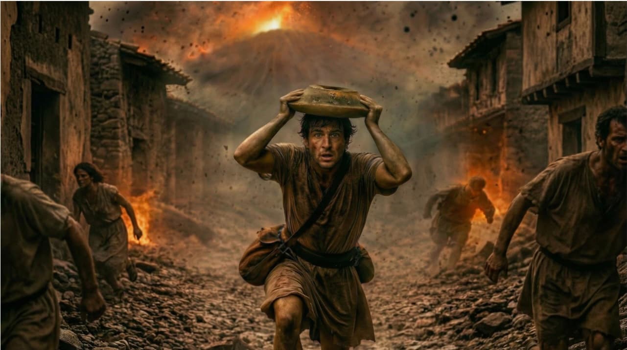 Ultimele clipe ale unui bărbat din Pompei, recreate cu Inteligența Artificială / ”A fugit cu un mortar pe cap, o lampă cu ulei în mână și zece monede”