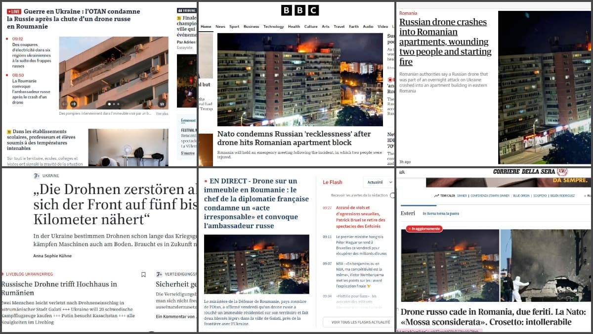 Marile publicații europene, deschidere cu drona explodată în Galați / Incidentul grav din România e subiectul principal vineri dimineață în BBC, The Guardian, Le Figaro, Le Monde, Repubblica, La Stampa, Rai News, Corriere della Sera, ANSA