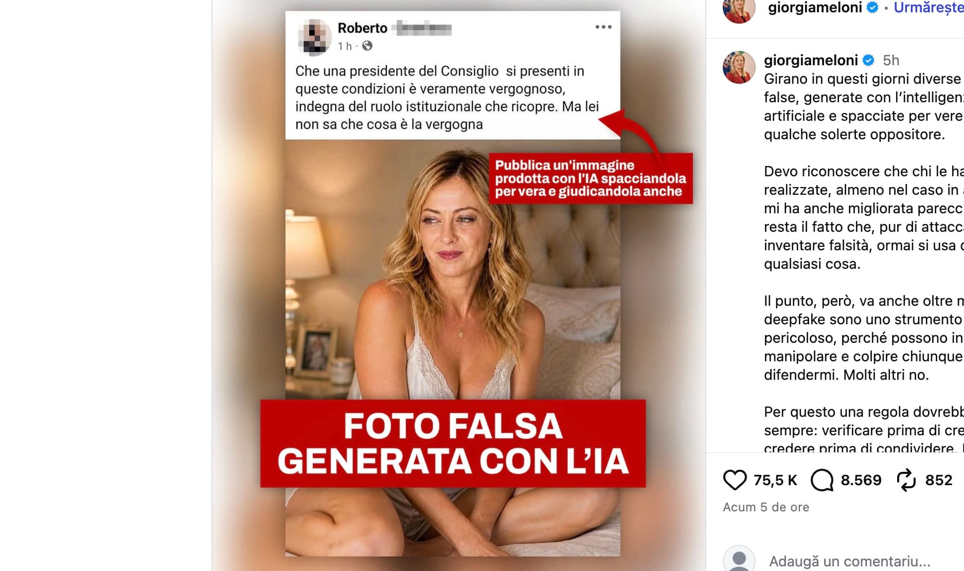 Giorgia Meloni publică pe Instagram o fotografie a sa în lenjerie intimă generată cu ajutorul AI / „Deepfake-urile sunt periculoase, ne afectează pe toți” / A redistribuit fotografia falsă găsită pe internet