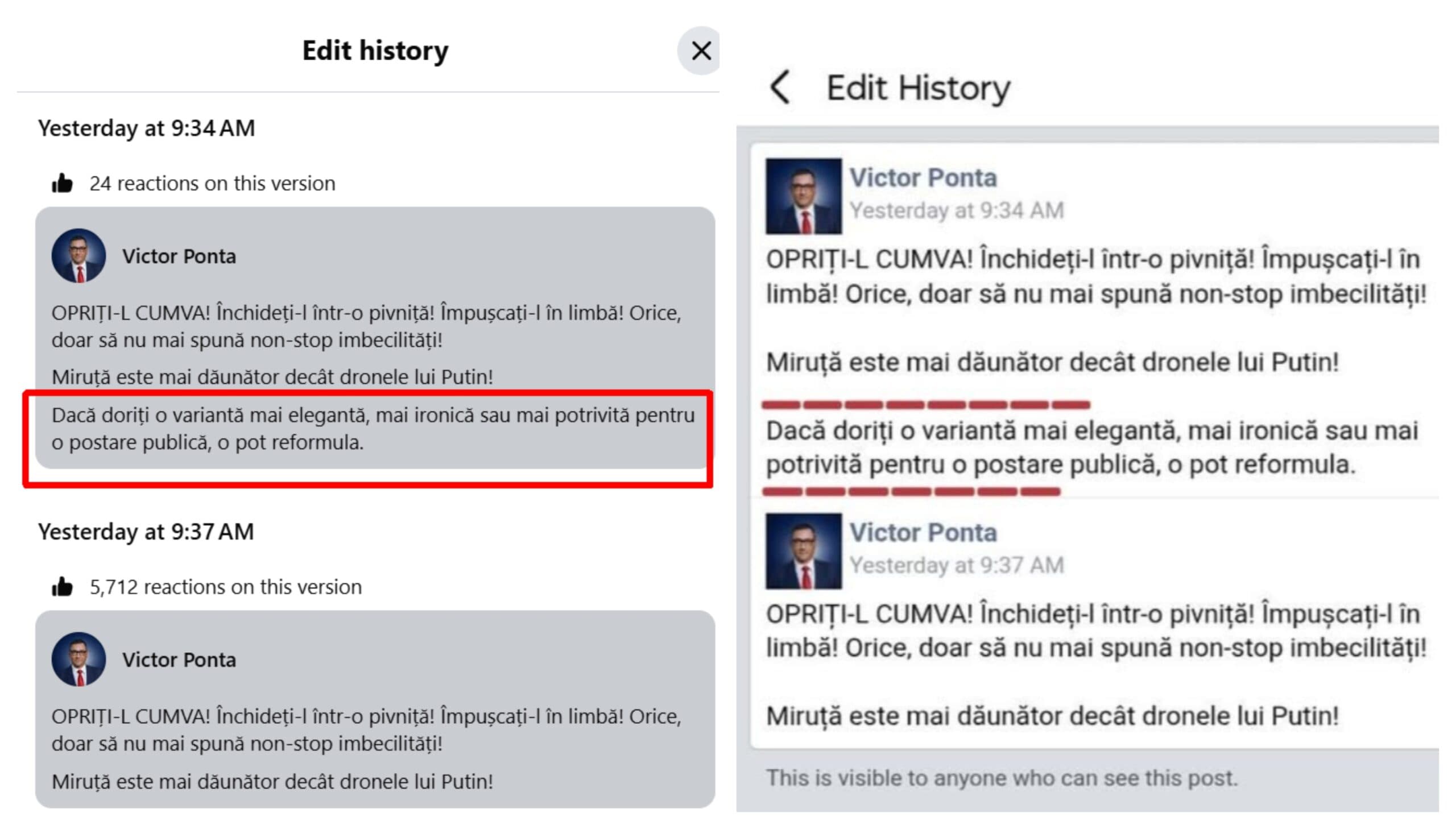 Victor Ponta îl înjură pe Facebook pe Radu Miruță cu ajutorul Inteligenței Artificiale / L-a dat de gol istoricul editărilor și și-a dat seama de gafă după trei minute