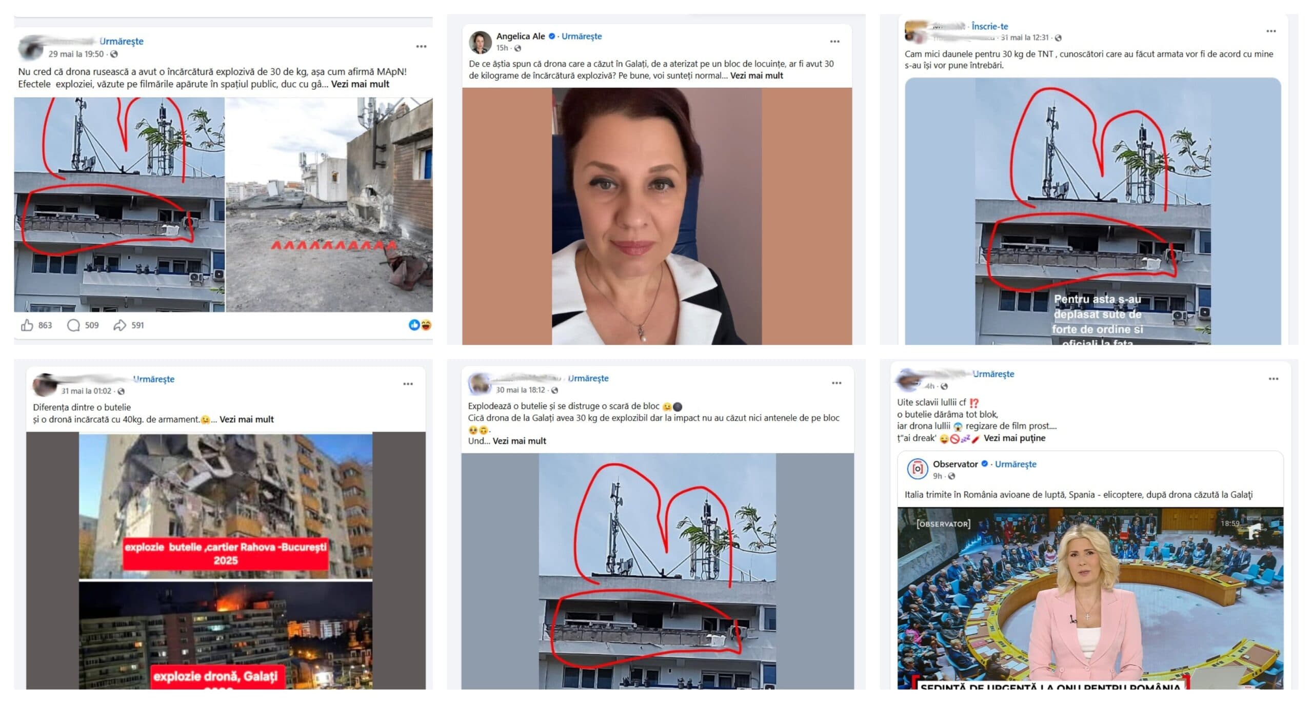 Postări fake și acuzații fără probe despre drona din Galați, viralizate și rostogolite masiv pe rețele în mini-vacanța de Rusalii: ”Drona mai slabă decât butelia” și ”înscenarea Ucrainei”, între favorite