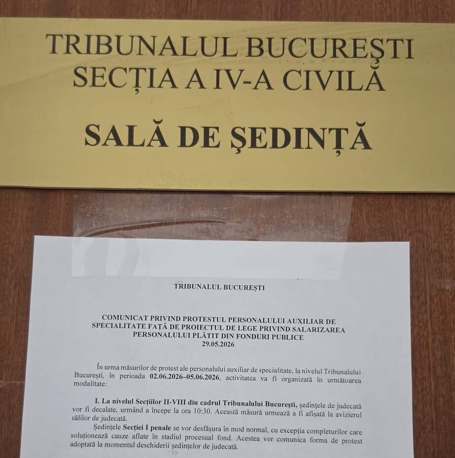 Grefierii din instanțe și parchete își suspendă parțial activitatea în perioada 2-5 iunie, iar în 4 iunie o vor opri total, în intervalul orar 8:00–12:00 / Personalul auxiliar este nemulțumit de proiectul legii salarizării