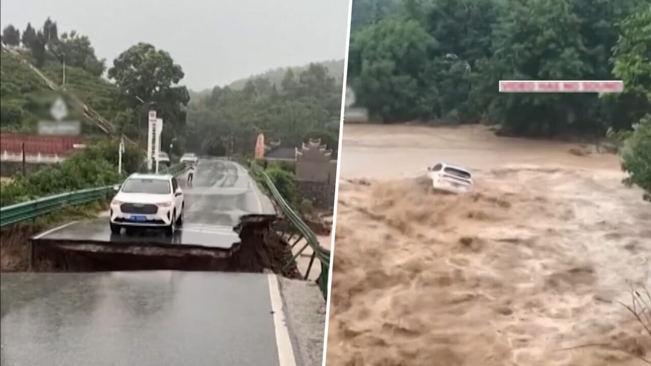 Martorii surprind momentul în care o mașină cade în râu după prăbușirea unui pod în China pe durata inundațiilor locale