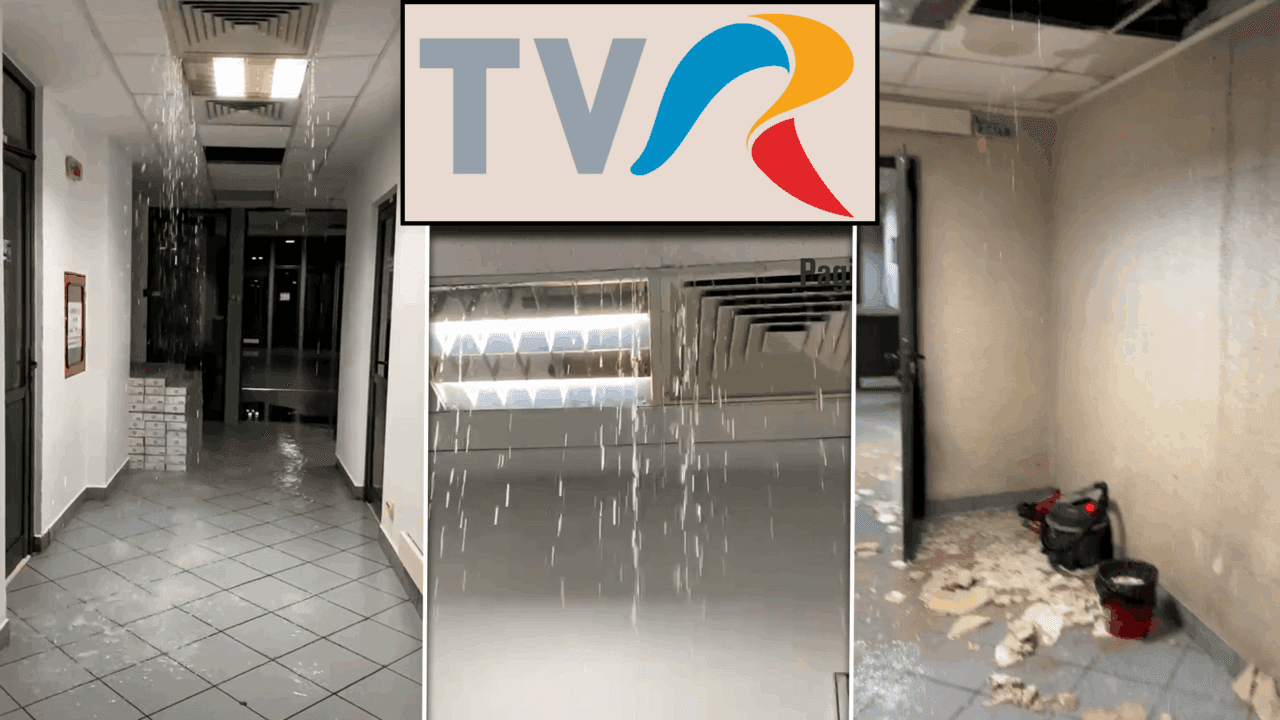 Furtuna a făcut ravagii în studiourile TVR. Interiorul redacției a fost inundat, iar mai multe bucăți din tavanul fals s-au prăbușit pe holuri