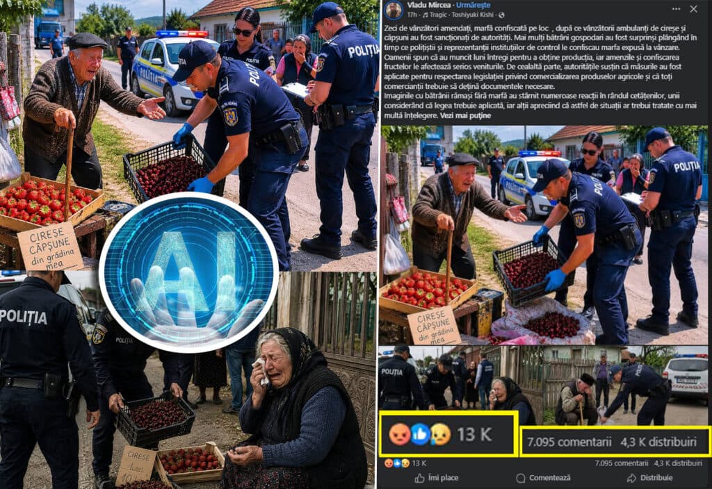 Imagini AI cu bătrâni în lacrimi și polițiști care le confiscă fructele, distribuite masiv pe Facebook. Mulți utilizatori le-au tratat ca fotografii reale