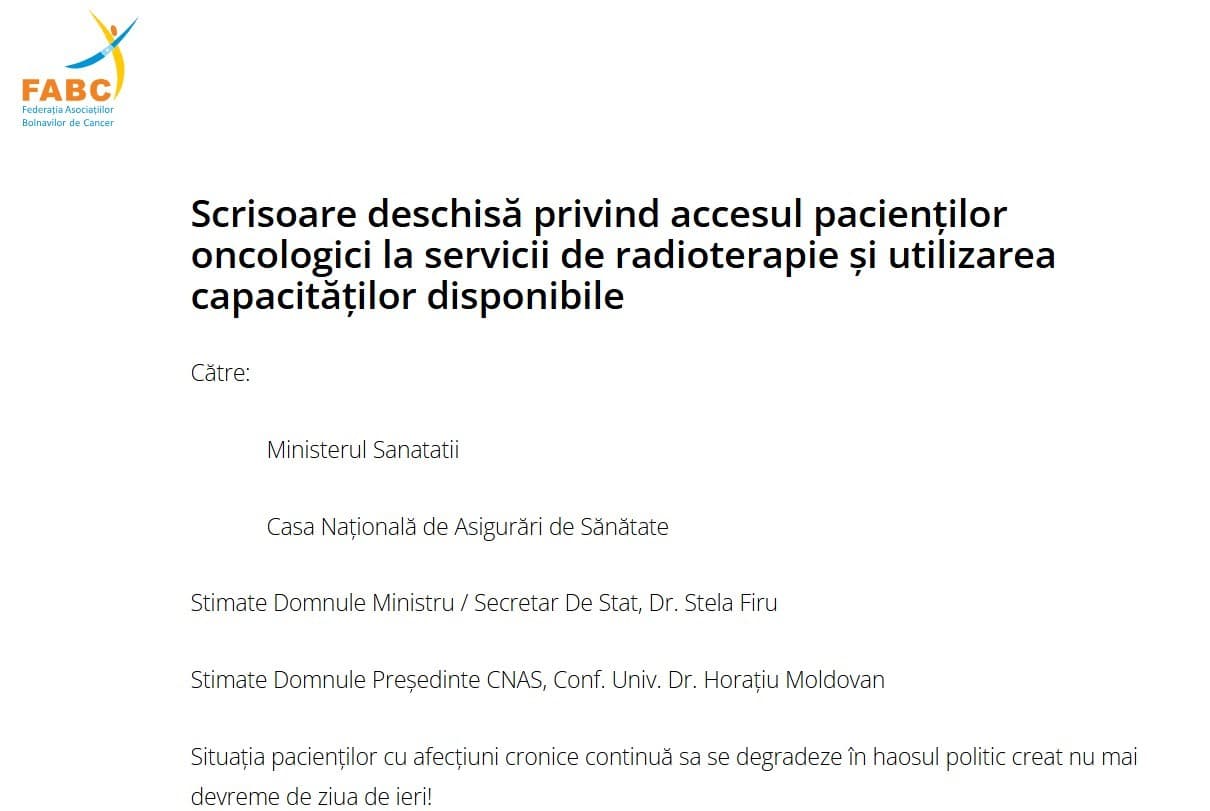 Scrisoare deschisă privind accesul pacienţilor oncologici la servicii de radioterapie şi utilizarea capacităţilor disponibile