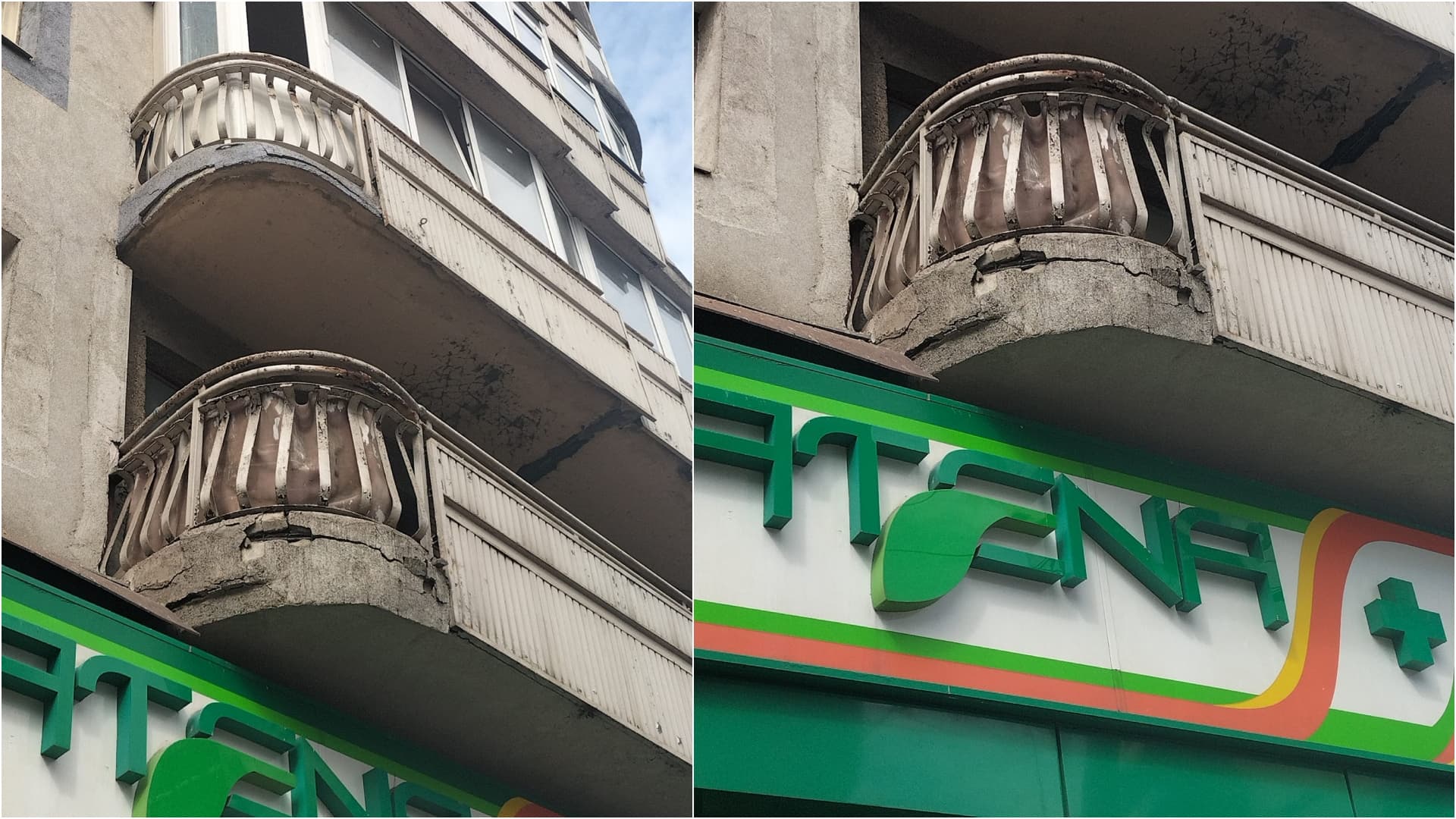 FOTO | Atenție, un balcon aproape se desprinde de un bloc de pe Șos. Nicolae Titulescu din București. Chiar dedesubtul acestuia este intrarea la o farmacie Catena
