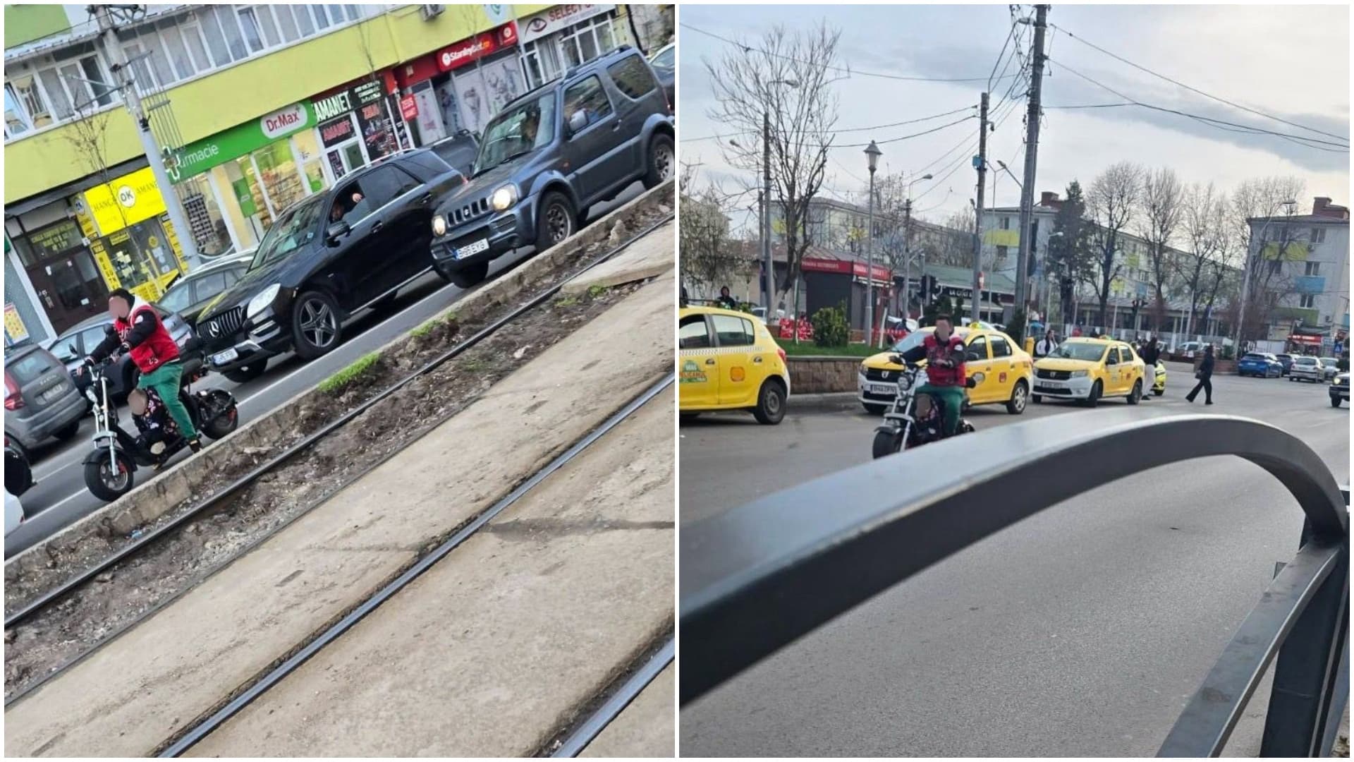 FOTO | Ruleta rusească pe două roți, în traficul din București. Un bărbat care transportă, pe scuter, un copil ghemuit între picioare