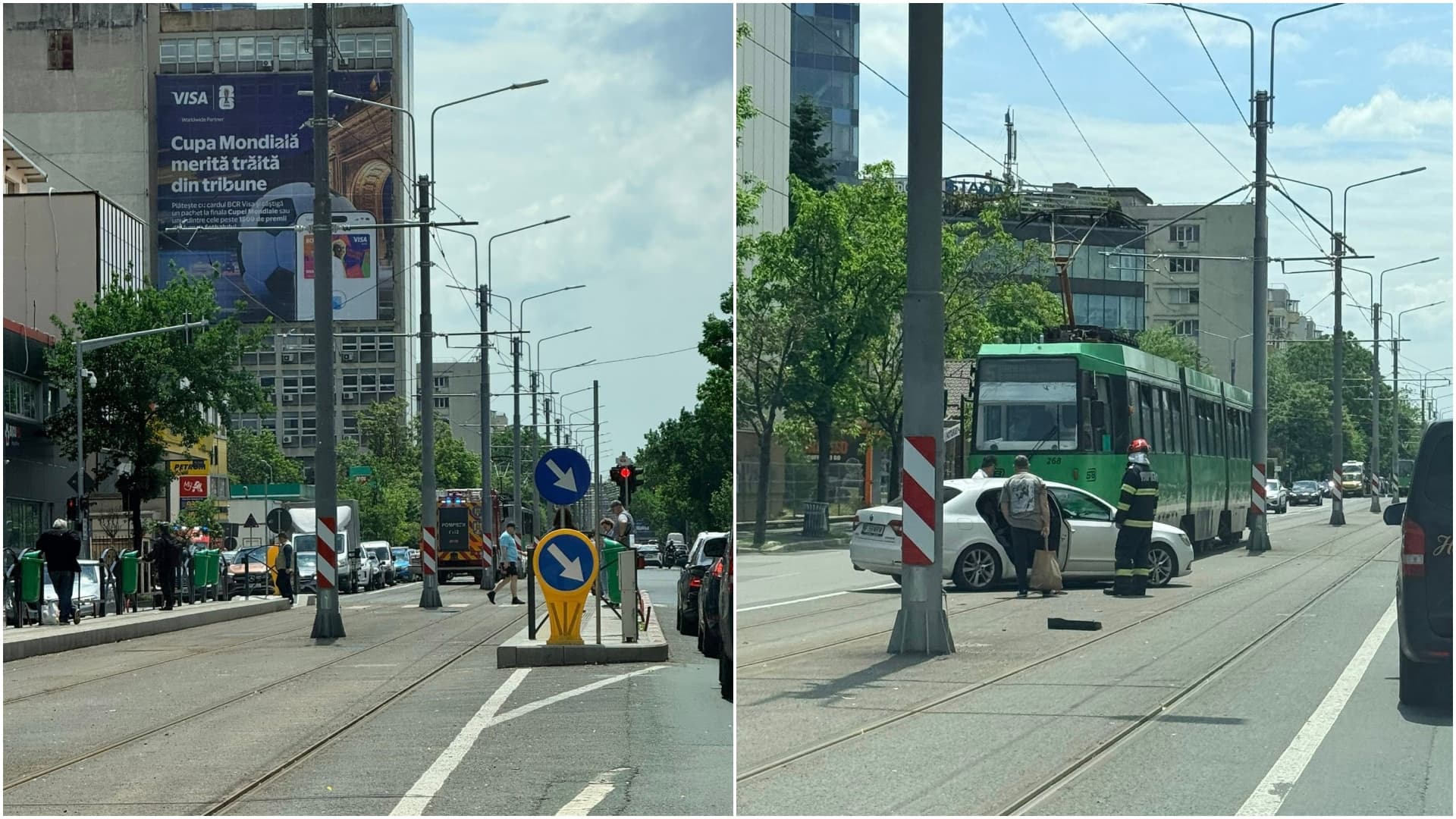 FOTO | Blestemul de la Linia 5: când nu sunt blocate de mașini care circulă pe șine, tramvaiele fac coadă din cauza accidentelor cu mașini ajunse pe șine