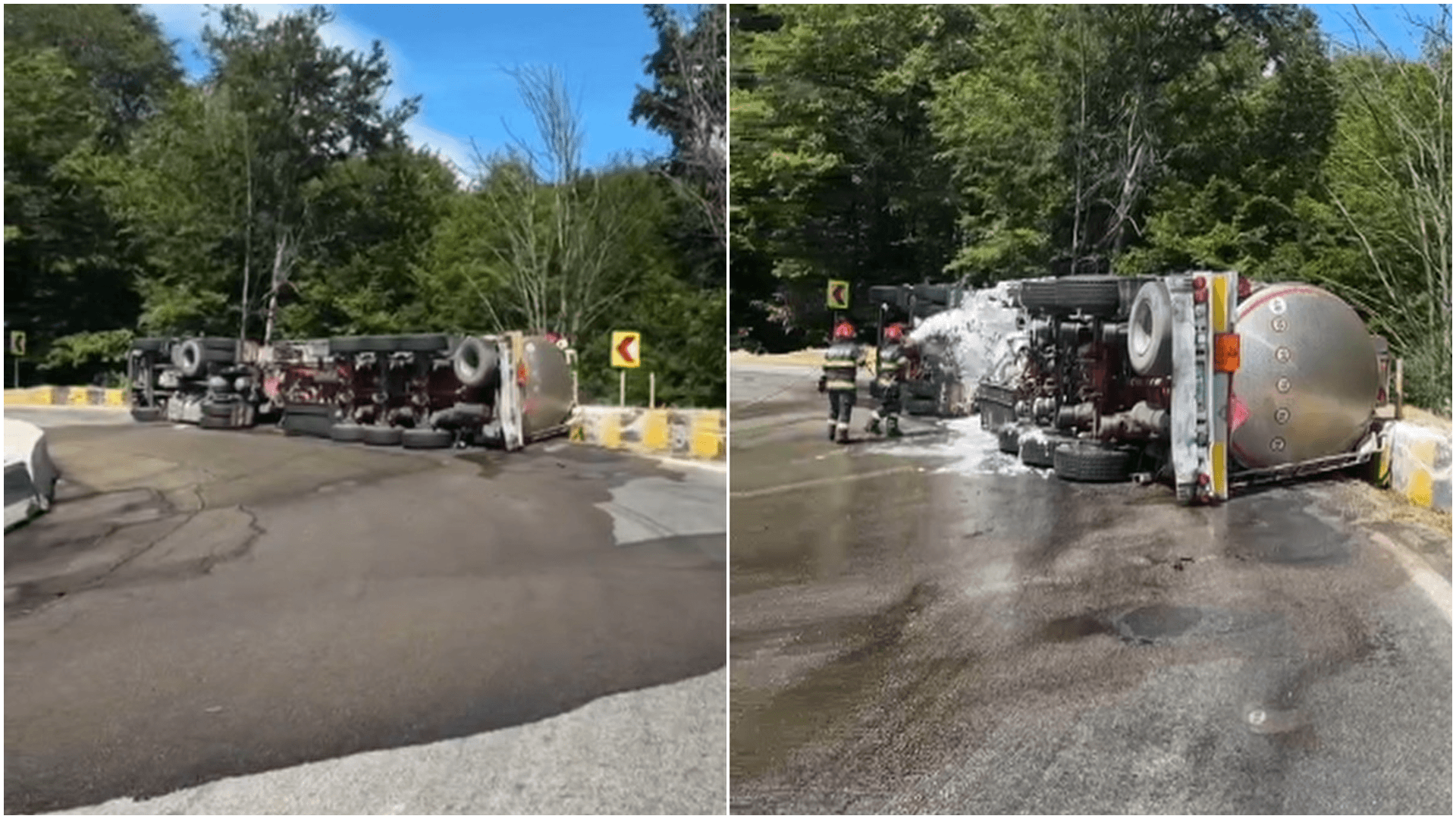 Pericol pe DN7: cisternă cu 31 de tone de benzină s-a răsturnat în Argeș. Trafic blocat pe ambele sensuri, șoferul a ajuns la spital