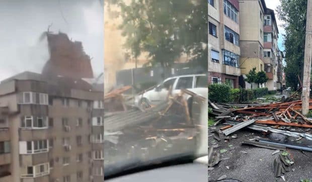 Codul roșu de furtuni a făcut prăpăd în Târgoviște: vântul a smuls și aruncat în stradă acoperișul unui bloc, zeci de copaci au fost puși la pământ