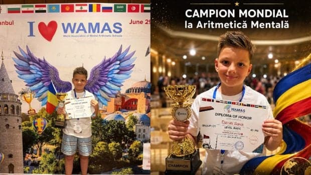 Un elev în vârstă de 9 ani din Focșani a devenit campion mondial la aritmetică mentală, după ce a rezolvat 100 de calcule în 3 minute