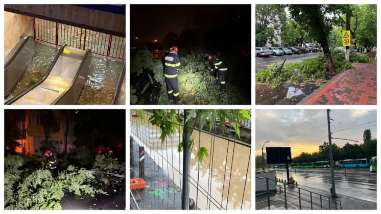 Situaţia din Bucureşti şi Ilfov după furtuna de noaptea trecută – Un mort, o mare staţie de metrou închisă, linii STB afectate, străzi blocate, copaci căzuţi, maşini avariate