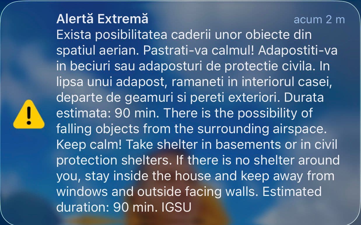 Mesaj RO-Alert pentru zona de nord a județului Tulcea / Locuitorii sunt avertizați că este posibil să cadă obiecte din spațiul aerian