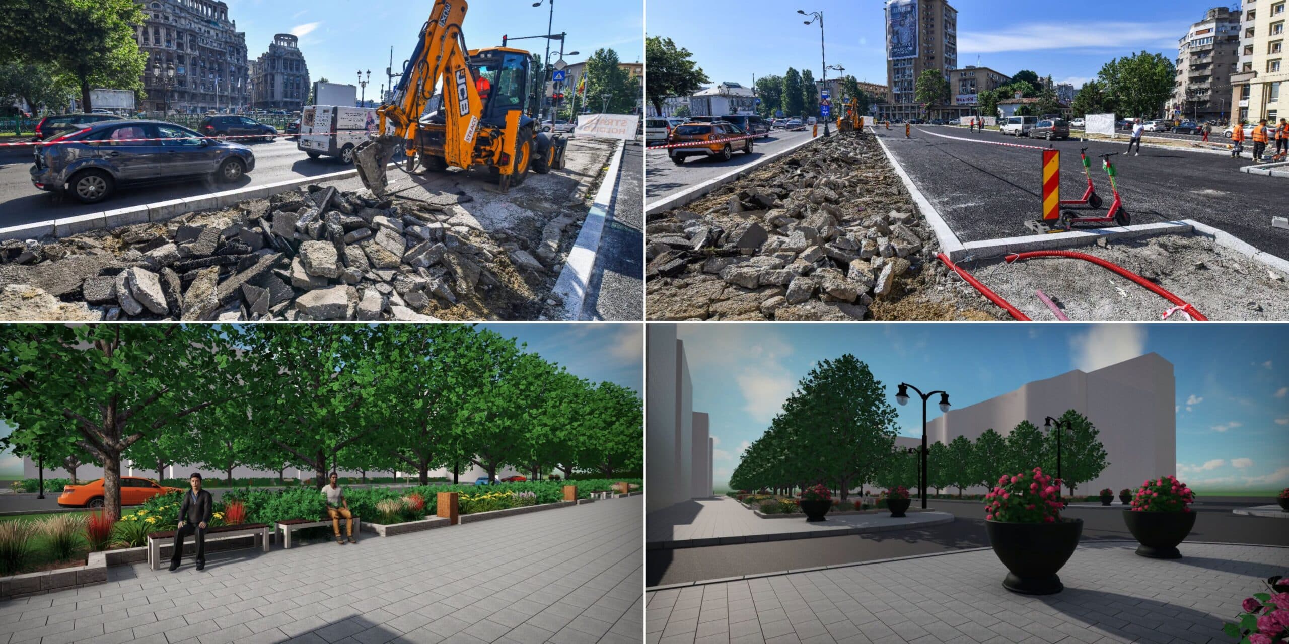 FOTO Primăria Capitalei reface trotuarele și amenajează noi spații verzi pe Bd. Națiunile Unite și Bd. 13 Septembrie cu aproape 100 de arbori și 15.000 de plante