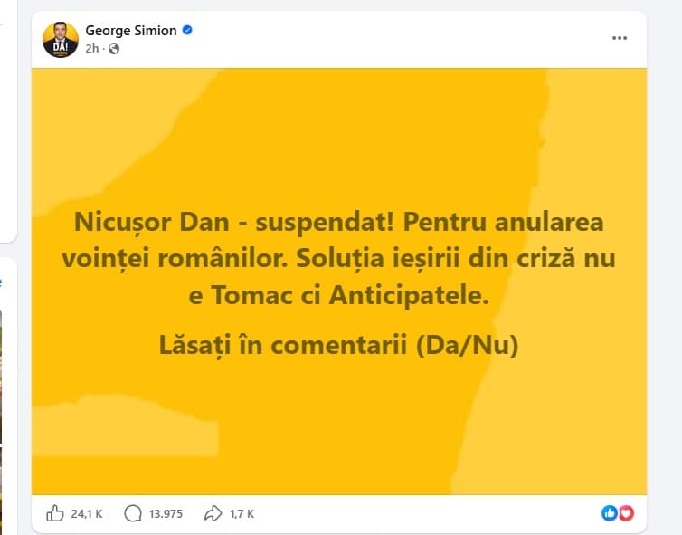 Simion face ”sondaj” pe Facebook pentru suspendarea lui Nicușor Dan / Președintele exclude polul extremist de la guvernare, șeful AUR cere alegeri anticipate