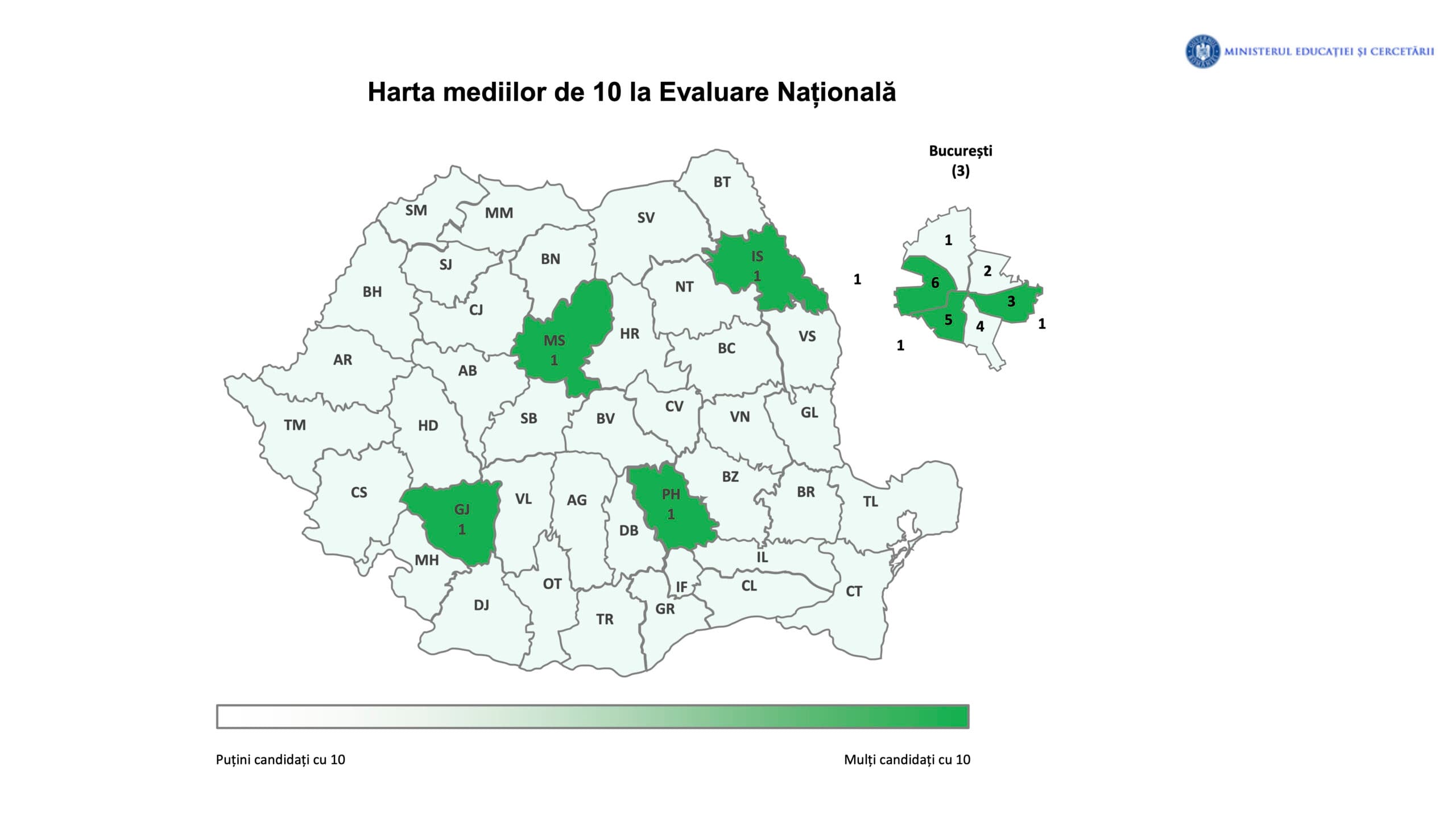 Harta mediilor de 10 la Evaluarea Națională 2026. Doar 7 elevi au obținut media 10, față de 85 anul trecut / 37 de județe fără nicio medie maximă