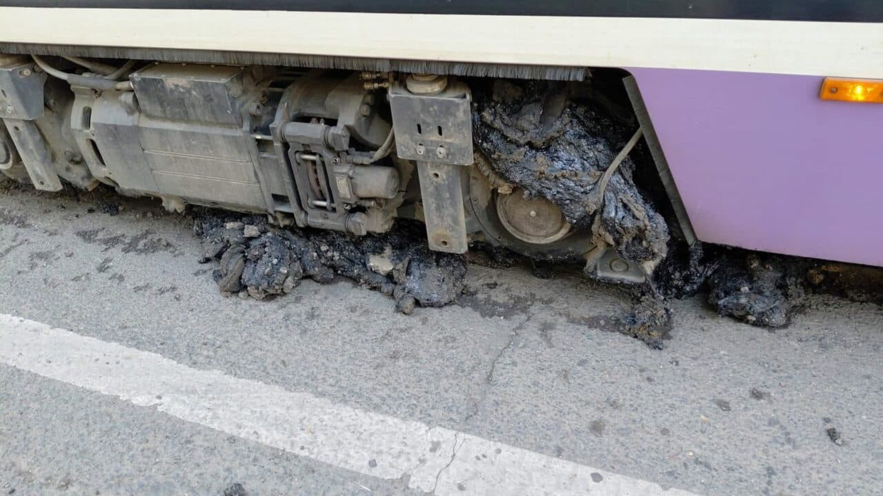Șine de tramvai încinse la peste 60°C în Timișoara. Masticul de lângă linie s-a topit și s-a lipit de roți din cauza caniculei