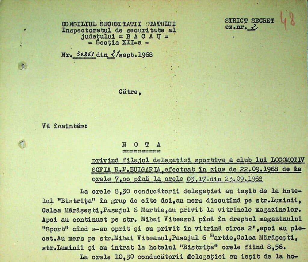 CNSAS publică un raport de filaj al Securității: O delegație sportivă bulgară, urmărită pas cu pas în timpul unei vizite la Bacău, în 1968